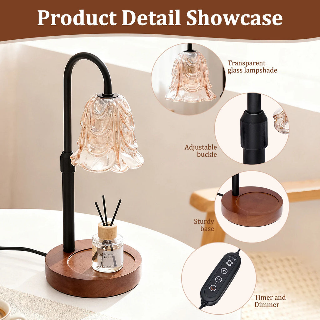 Velnio BloomGlow™ Vintage Floral Glass Candle Warmer Lamp (Dimmable & Timer)